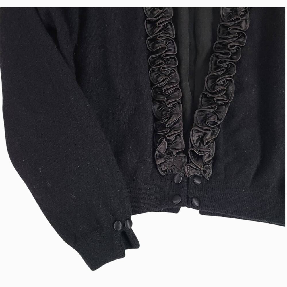 Dalton Cashmere Cardigan Vintage 50s Pinup Scroll Ruffle Trim Cinch Waist Black - Picture 14 of 16